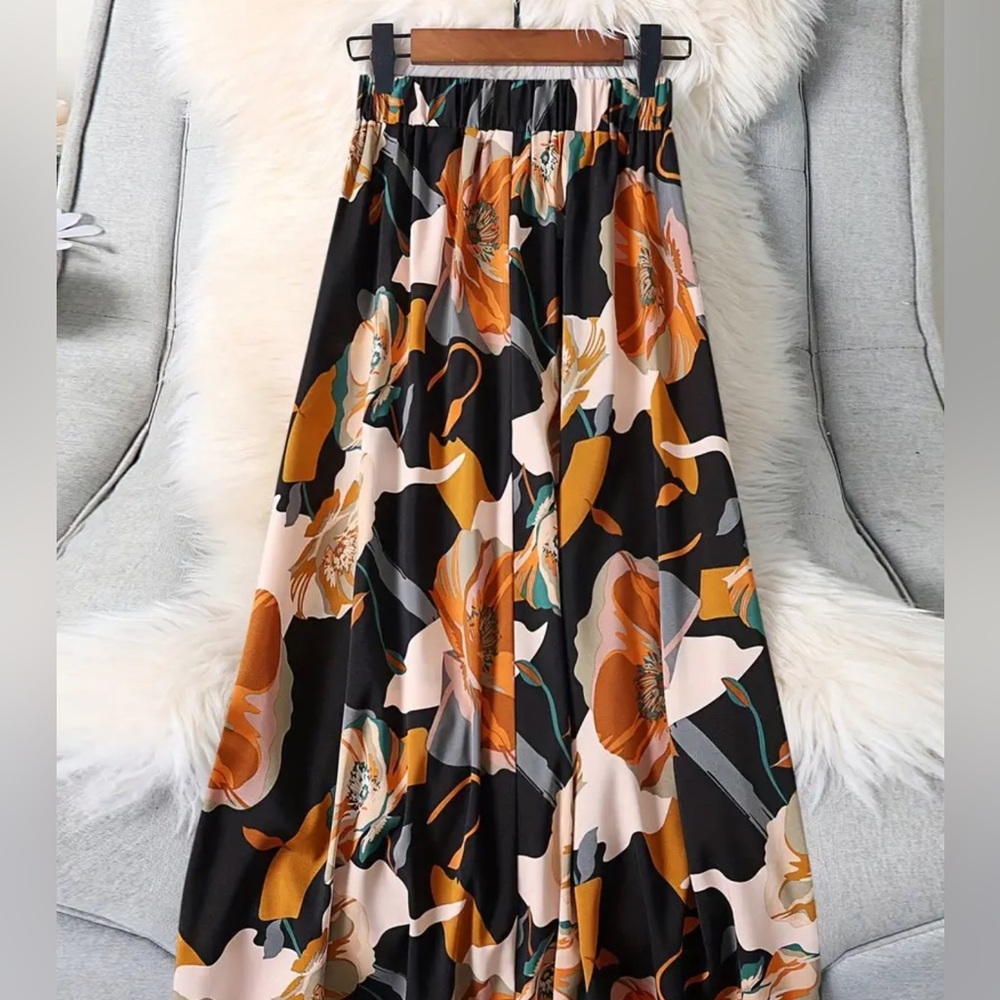 Floral Print Swing Skirt, Vacation Style Elastic Waist Longline - Picture 2 of 3
